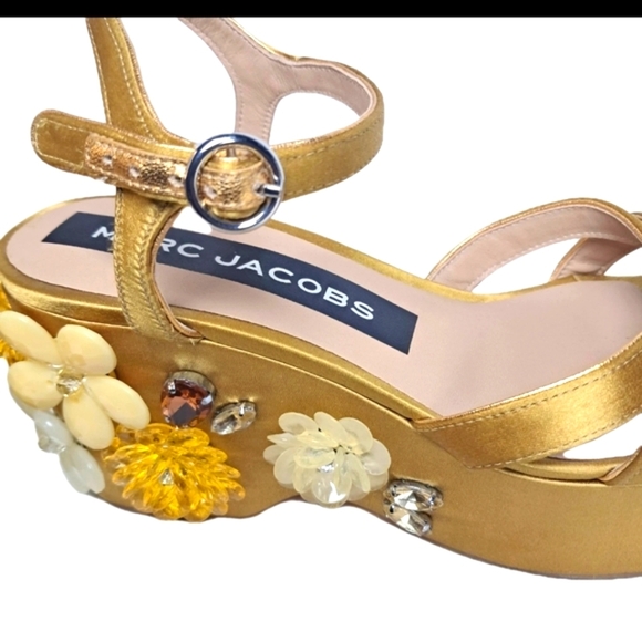 Marc Jacobs Gold Satin Embellished Platform Sandals - Picture 6 of 11
